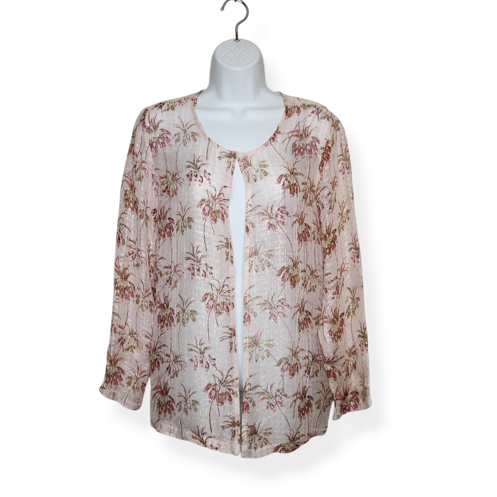 April Cornell Women's Pink Sheer Floral ‘Dewdrop’ Blouse Silver Metallic Small
